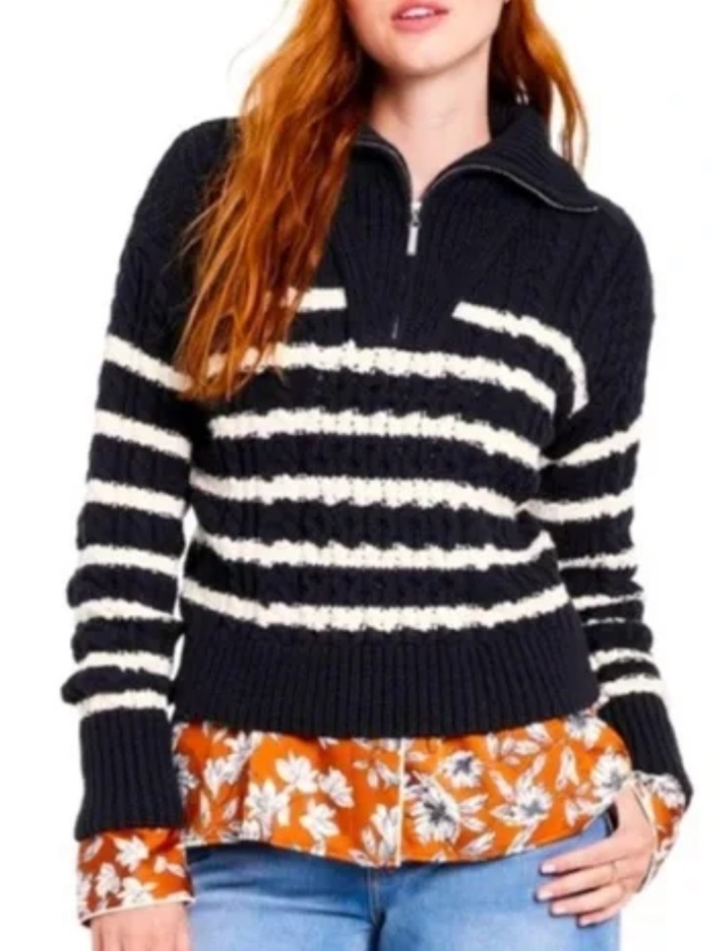 La Ligne x Target Quarter Zip Black White Striped Cable Knit Sweater